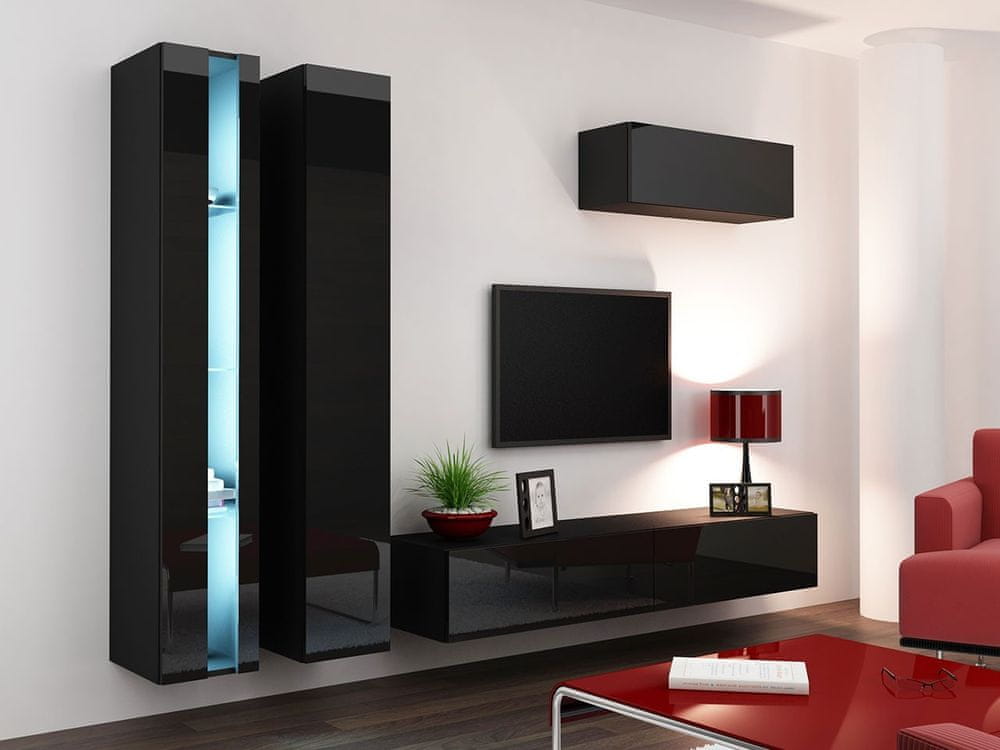 Veneti Stena do obývacej izby s LED RGB osvetlením ASHTON N1 - čierna / lesklá čierna